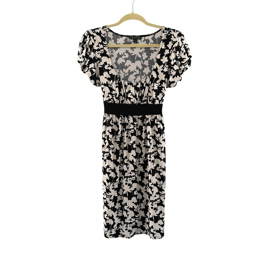 Vtg City Triangles Dress Large Y2K Ruched Puff Sleeve Black Ivory Floral Stretch
